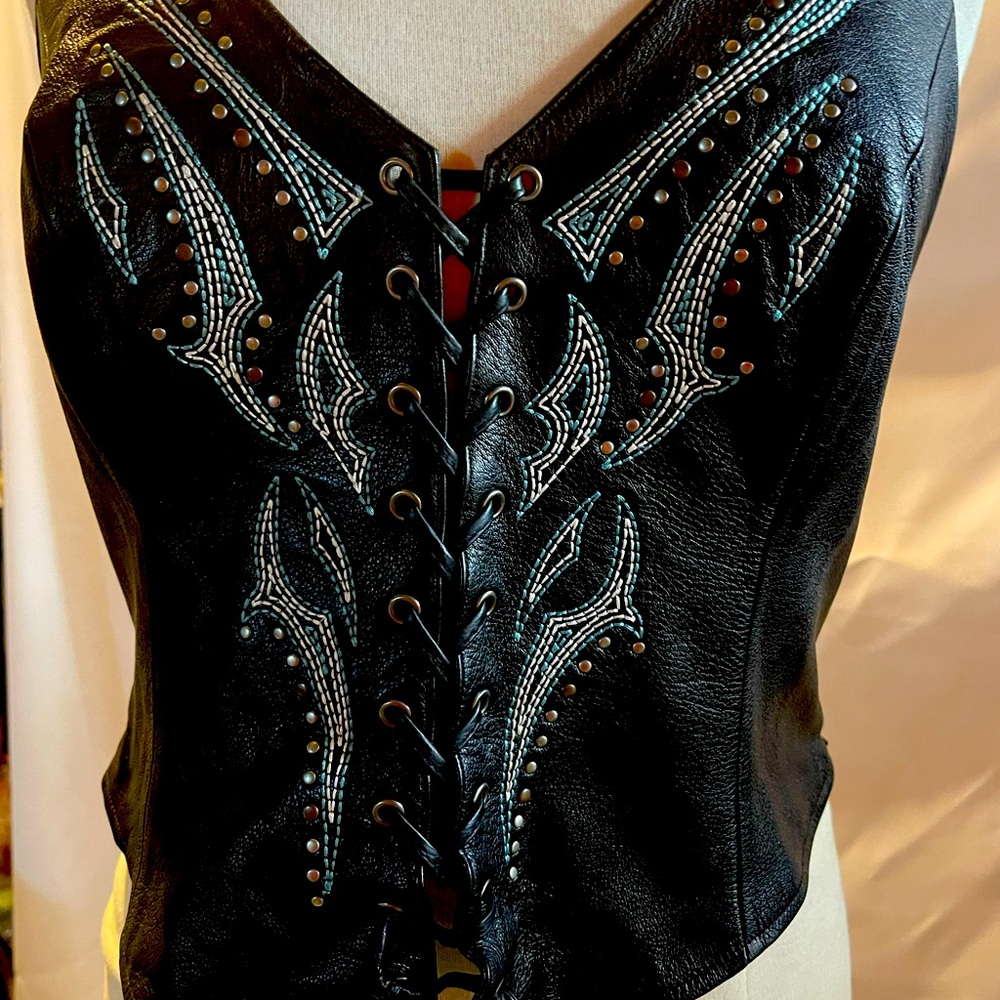 Wow! Harley Davidson lace front halter vest. Rich turquoise and butter leather.